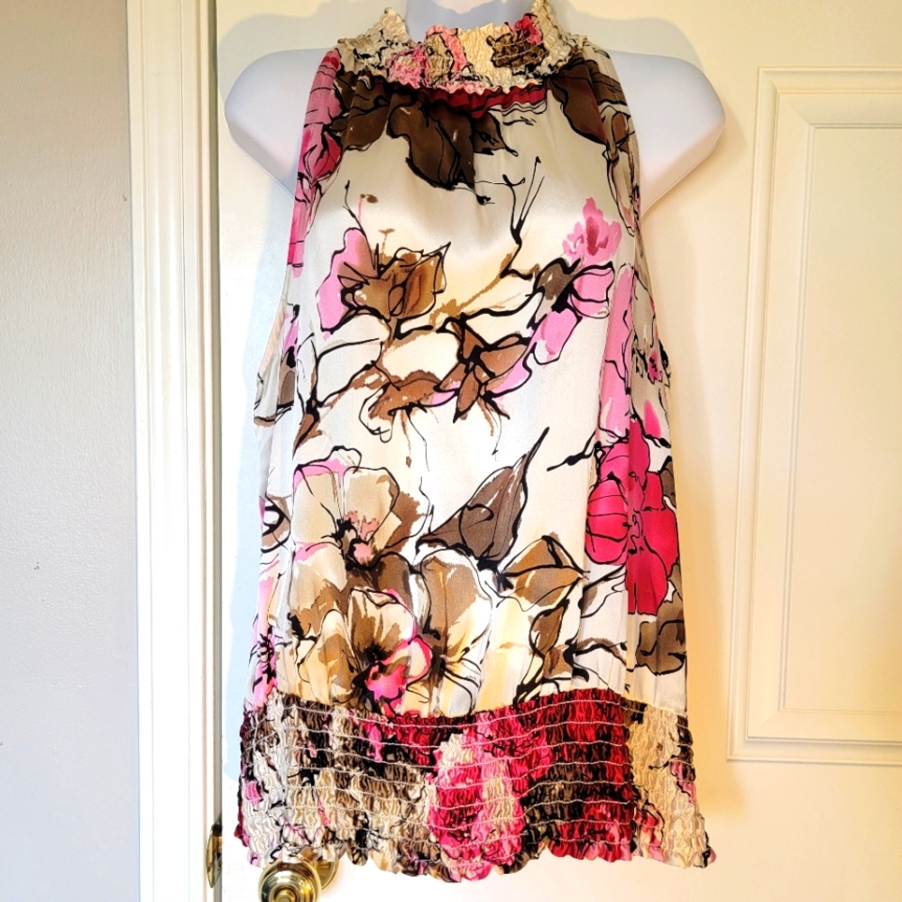 Cache 100% Silk Vintage Sleeveless Halter Top Ruffled Pink Red White Floral Med